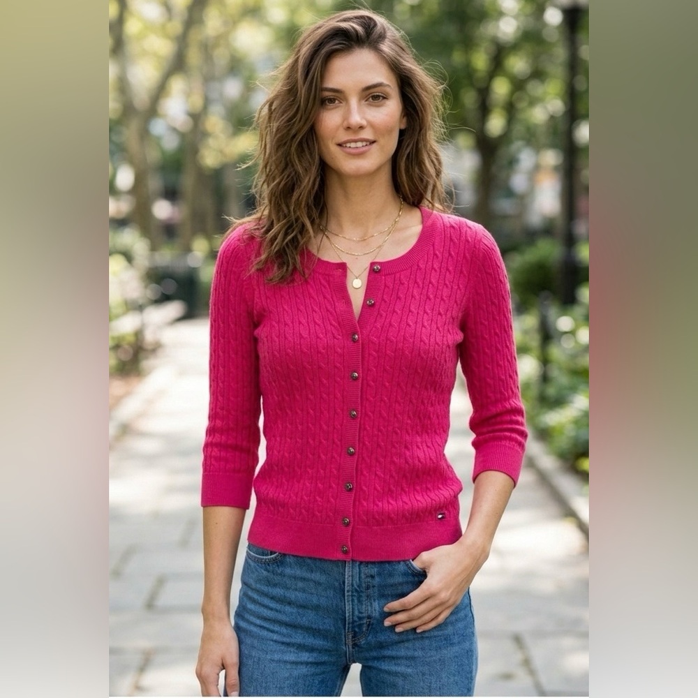 Tommy Hilfiger Fuchsia Pima Cotton Cable Knit Cardigan S 3/4 Sleeve Spring